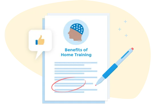 Illustration of a brochure listing the benefits of home Neurofeedback training